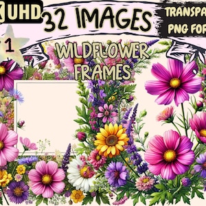 Wildflower Frames Clipart - 32 PNG Elegant Floral Frame Graphics, Botanical Printables, Instant Digital Download, Unlimited Commercial Use