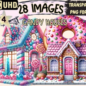 Candy Houses (P4) Clipart - 28 PNG Whimsical House Graphics, Sweet Printables, Instant Digital Download, Unlimited Commercial Use Designs