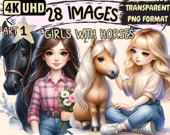 Girls with Horses Clipart – Equestrian PNG Graphics (Digital Download)