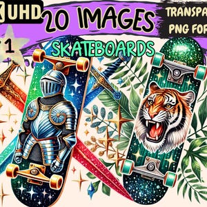 Skateboards Clipart - 20 PNG Dynamic Skateboard Illustrations, Sport Art, Instant Digital Download, Unlimited Commercial Use for Crafts
