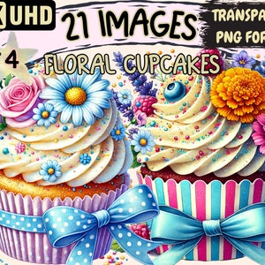 Floral Cupcakes (P4) Clipart - 21 PNG Flower Cupcake Illustrations, Dessert Art, Instant Digital Download, Unlimited Commercial Use Crafts