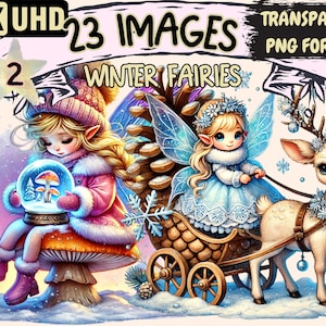Clipart de fées d'hiver (P2) - 23 illustrations PNG de fées des neiges, art hivernal magique mignon, téléchargement numérique instantané, usage Commercial illimité
