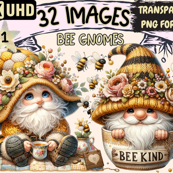 Bee Gnomes Clipart - 32 PNG Spring Honeybee Garden Gnome, Sunflowers Gnomes Printables, Instant Digital Download, Unlimited Commercial Use