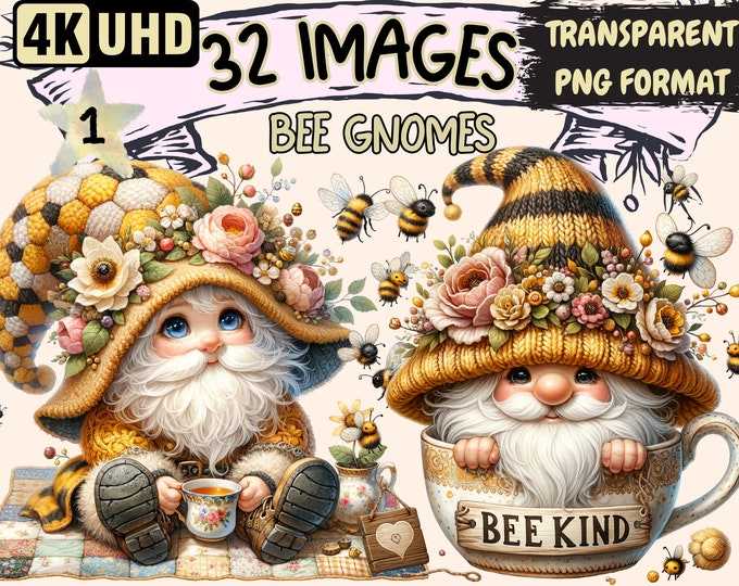 Bee Gnomes Clipart - 32 PNG Spring Honeybee Garden Gnome, Sunflowers Gnomes Printables, Instant Digital Download, Unlimited Commercial Use