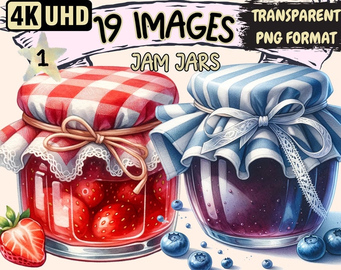 Jam Jars Clipart - 19 PNG Sweet Tasty Dessert Jars Graphics, Confiture Jar Printables, Instant Digital Download, Unlimited Commercial Use