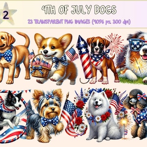 4th of July Dogs (P2) Clipart - 23 PNG Patriotic Puppy Graphics, Red White Blue Dog Illustrations, Instant Digital Download, Commercial Use