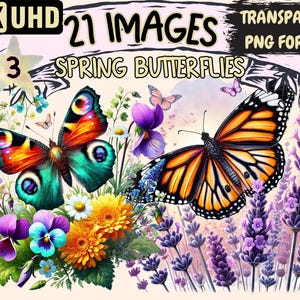Spring Butterflies (P3) Clipart - 21 PNG Springtime Floral Graphics, Colorful Insect Illustrations, Instant Digital Download, Commercial Use