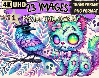 Pastel Halloween Clipart - 23 PNG Cute Halloween Graphics, Soft Color Printables, Instant Digital Download, Unlimited Commercial Use Crafts