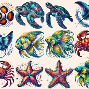 May include: A collection of colorful, whimsical sea creatures with a galaxy-like pattern. The creatures include a starfish, a sea turtle, a crab, a fish, a stingray, and a clownfish.