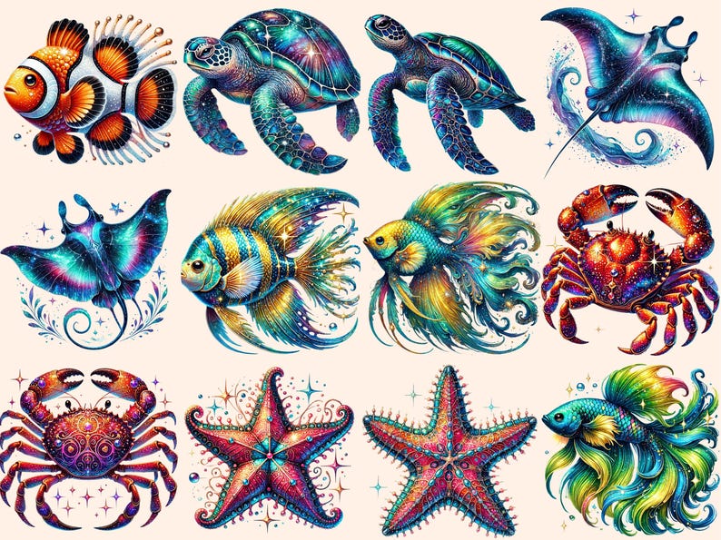 May include: A collection of colorful, whimsical sea creatures with a galaxy-like pattern. The creatures include a starfish, a sea turtle, a crab, a fish, a stingray, and a clownfish.