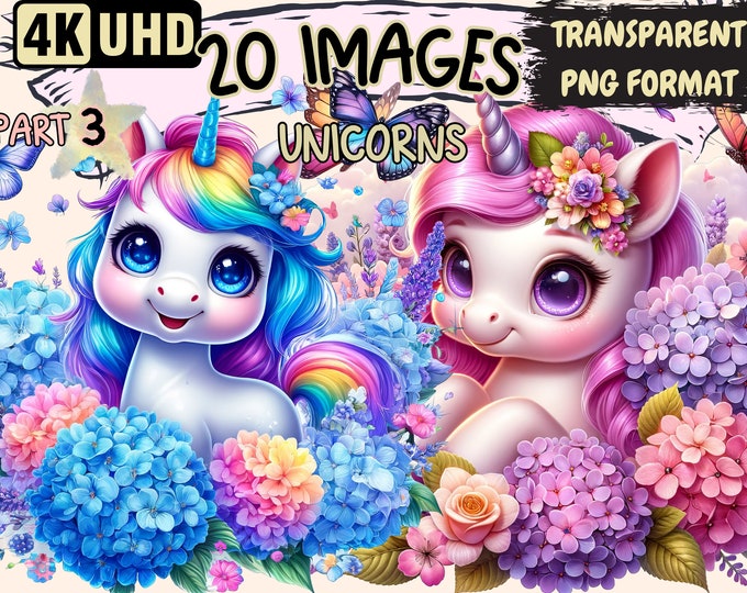 Unicorns (P3) Clipart - 20 PNG Magical Unicorn Graphics, Fairytale Whimsical Printables, Instant Digital Download, Unlimited Commercial Use
