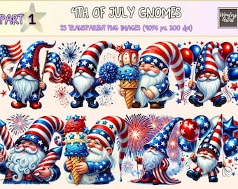 4th of July Gnomes Clipart – Patriotic PNG Graphics (Commercial Use)