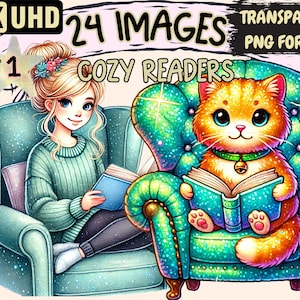 Cozy Readers Clipart - 24 PNG Book Lover Illustrations, Cute Reading Art, Instant Digital Download, Unlimited Commercial Use for Crafts