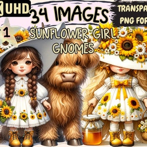 Sunflower Girl Gnomes Clipart - 34 PNG Whimsical Gnome Graphics, Sunflowers Printables, Instant Digital Download, Unlimited Commercial Use