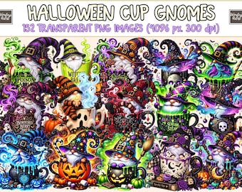 Op de afbeelding: Een digitale collectie van 152 Halloween-bekergnomen met diverse gnomen in mokken, heksenhoeden, pompoenen, geesten en kleurrijke magische rook. De tekst luidt HALLOWEEN CUP GNOMES en 152 TRANSPARENT PNG IMAGES (4096 px. 300 dpi).