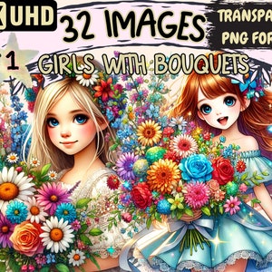 Girls with Bouquets Clipart - 32 PNG Floral Illustrations, Flower Holding Art, Instant Digital Download, Unlimited Commercial Use for Crafts