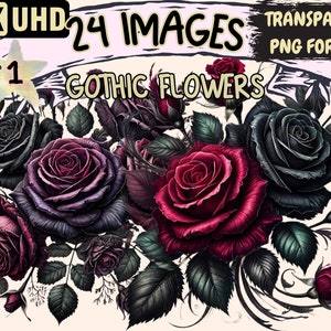Gothic Flowers Clipart - 24 PNG Dark Floral Graphics, Elegant Printables, Instant Digital Download, Unlimited Commercial Use for Crafts
