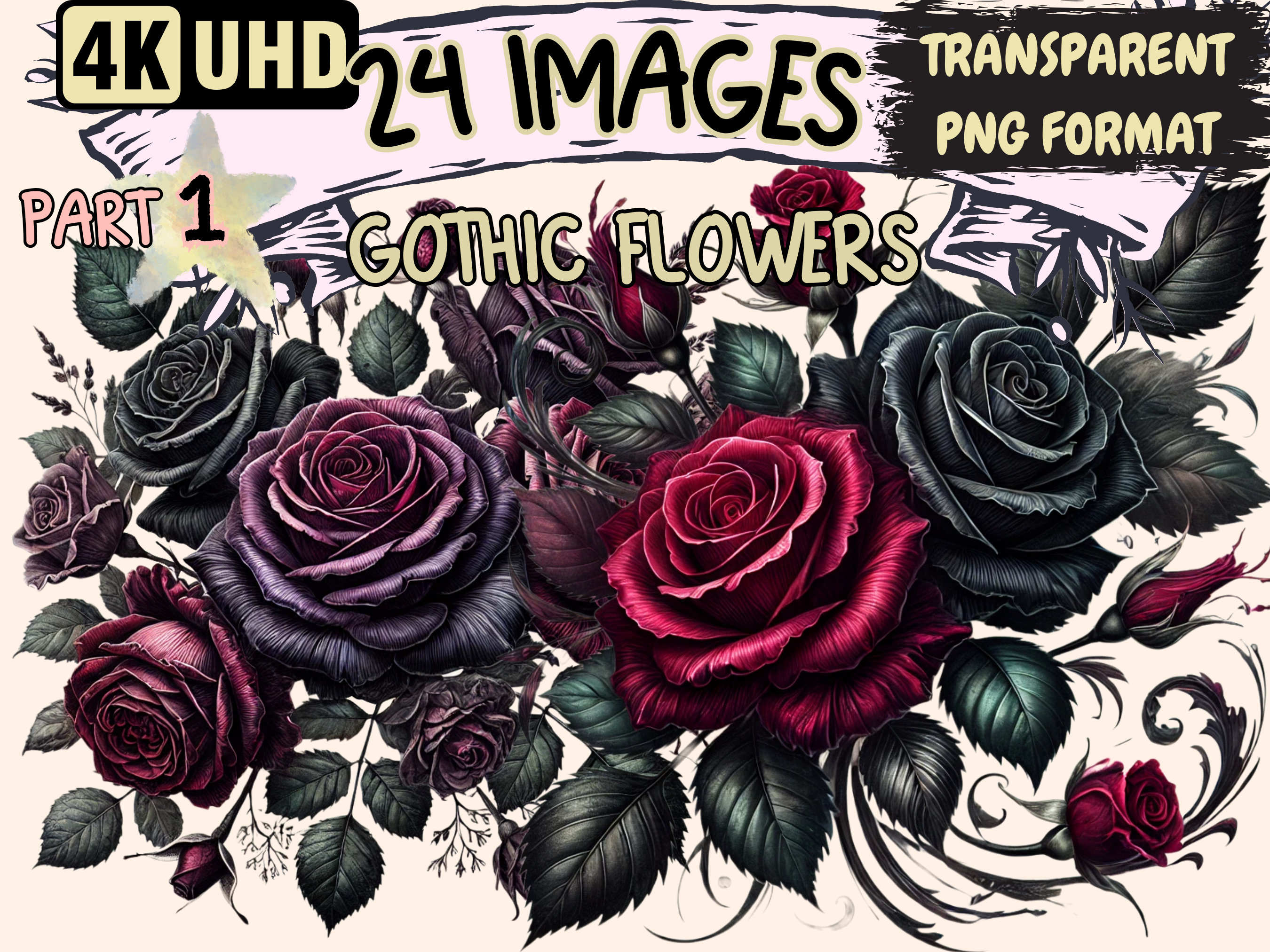 Gothic Flowers Clipart - 24 PNG Dark Floral Graphics, Elegant Printables, Instant Digital Download, Unlimited Commercial Use for Crafts