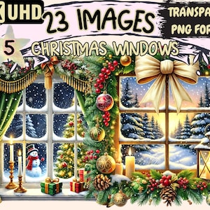 Peut inclure: Une scène de fenêtre de Noël avec un bonhomme de neige, un arbre décoré et un paysage enneigé à l'extérieur. La fenêtre est ornée d'une guirlande verte, de baies rouges et d'un grand nœud doré. Le texte "23 IMAGES CHRISTMAS WINDOWS PART 5" est visible en haut de l'image.