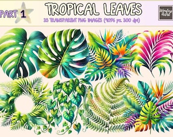 Watercolor Tropical Leaves Clipart – Jungle Foliage PNG (Digital Download)