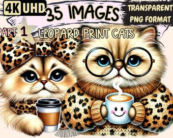 Leopard Print Cats Clipart – 35 PNG Stylish Illustrations (Digital Download)