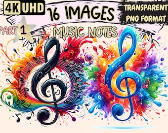 Music Notes Clipart - 16 PNG Musical Note Graphics, Melodic Printables, Instant Digital Download, Unlimited Commercial Use Crafts & Designs