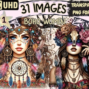 Boho Women Clipart - 31 PNG Bohemian Style Illustrations, Girl Fashion Art, Instant Digital Download, Unlimited Commercial Use for Crafts