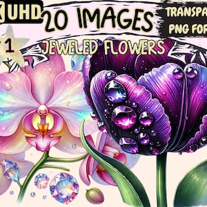 Jeweled Flowers (P1) Clipart - 20 PNG Elegant Gem Floral Illustrations, Decorative Art, Instant Digital Download, Unlimited Commercial Use