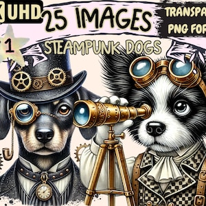Steampunk Dogs Clipart - 25 PNG Mechanical Canine Illustrations, Vintage Art, Instant Digital Download, Unlimited Commercial Use for Crafts