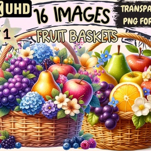 Fruit Baskets Clipart - 16 PNG Vibrant Basket Graphics, Fresh Fruit Printables, Instant Digital Download, Unlimited Commercial Use Crafts