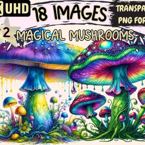 Magical Mushrooms (P2) Clipart - 18 PNG Mystical Fungi Illustrations, Enchanted Forest Art,Instant Digital Download,Unlimited Commercial Use
