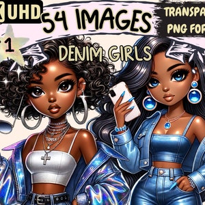 Denim Girls Clipart - 54 PNG Fashionable Girl Graphics, Denim Printables, Instant Digital Download, Unlimited Commercial Use Crafts Designs