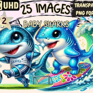 Baby Sharks (P2) Clipart - 25 PNG Cute Shark Illustrations, Adorable Ocean Art, Instant Digital Download, Unlimited Commercial Use Crafts