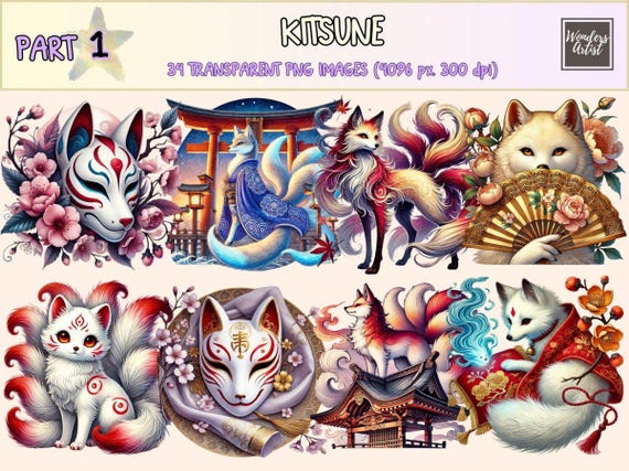 Kitsune Clipart – Mystical Japanese Fox PNG Graphics (digital