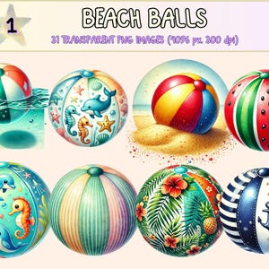 Beach Balls Clipart - 31 PNG Summer Fun Graphics, Colorful Ball Illustrations, Beach Printables, Instant Digital Download, Commercial Use