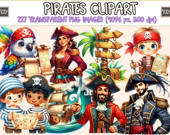 May include: A digital collection of 227 transparent PNG images titled PIRATES CLIPART. The graphics feature cartoon-style pirates, a parrot, a wooden signpost, a treasure chest, and a ship on waves, all rendered in vibrant colors at 4096 px, 300 dpi.