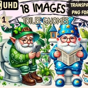Toilet Gnomes Clipart - 18 PNG Humorous Gnome Illustrations, Bathroom Art, Instant Digital Download, Unlimited Commercial Use for Crafts
