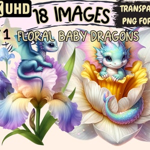 Puede incluir: Dos dragones bebés, uno azul y otro verde, están acurrucados en flores. El dragón azul está sentado en un iris morado y amarillo, mientras que el dragón verde está dentro de un narciso blanco. La imagen es parte de un conjunto de 18 imágenes, todas en 4K UHD y en formato PNG transparente.