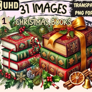 Christmas Books Clipart - 31 PNG Festive Storybook Illustrations, Holiday Reading Art, Instant Digital Download, Unlimited Commercial Use
