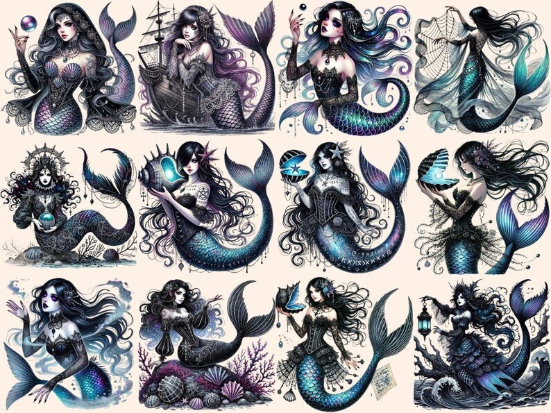 Gothic Mermaids (P2) Clipart alternative mermaid - Wonders Artist