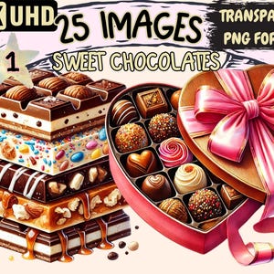Sweet Chocolates Clipart - 25 PNG Dessert Illustrations, Valentine&#39;s Day Graphics, Instant Digital Download, Unlimited Commercial Use