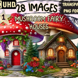 Mushroom Fairy Houses Clipart - 28 PNG Enchanting House Graphics, Fairy Printables, Instant Digital Download,Unlimited Commercial Use Crafts