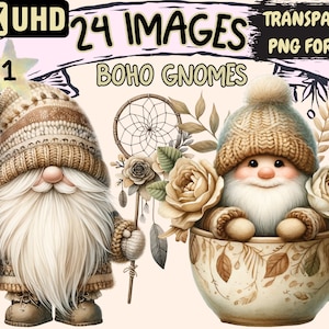 Boho Gnomes Clipart - 24 PNG Bohemian Flowers Cute Gnome Graphics, Gnomes Printables, Instant Digital Download, Unlimited Commercial Use
