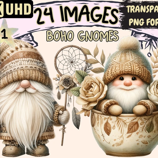 Boho Gnomes Clipart - 24 PNG Bohemian Flowers Cute Gnome Graphics, Gnomes Printables, Instant Digital Download, Unlimited Commercial Use