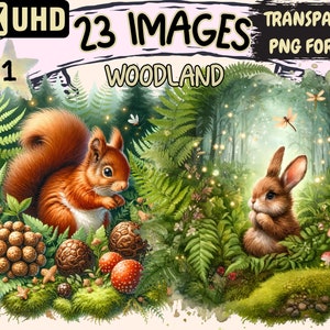 Woodland Clipart Bundle - 23 PNG Forest Animals Images, Cute Whimsical Woods Printables, Instant Digital Download, Unlimited Commercial Use