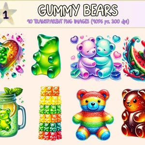 Gummy Bears Clipart - 40 PNG Colorful Candy Graphics, Cute Sweet Treat Printable Illustrations, Instant Digital Download, Commercial Use