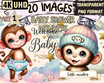 Baby Shower Monkeys Clipart – 20 PNG Graphics, Commercial Use (Digital Download)