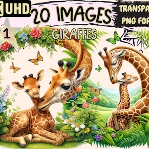 Giraffes Clipart - 20 PNG Adorable Giraffe Graphics, Cute Printables, Instant Digital Download, Unlimited Commercial Use for Crafts & Design