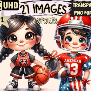 Sports Clipart - 21 PNG Youth Sporty Athletics Graphics, Cute Athletic Kids Printables, Instant Digital Download, Unlimited Commercial Use