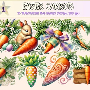 Easter Carrots Clipart - 35 PNG Festive Vegetable Graphics, Spring Bunny Treat Illustrations, Instant Digital Download, Commercial Use Craft